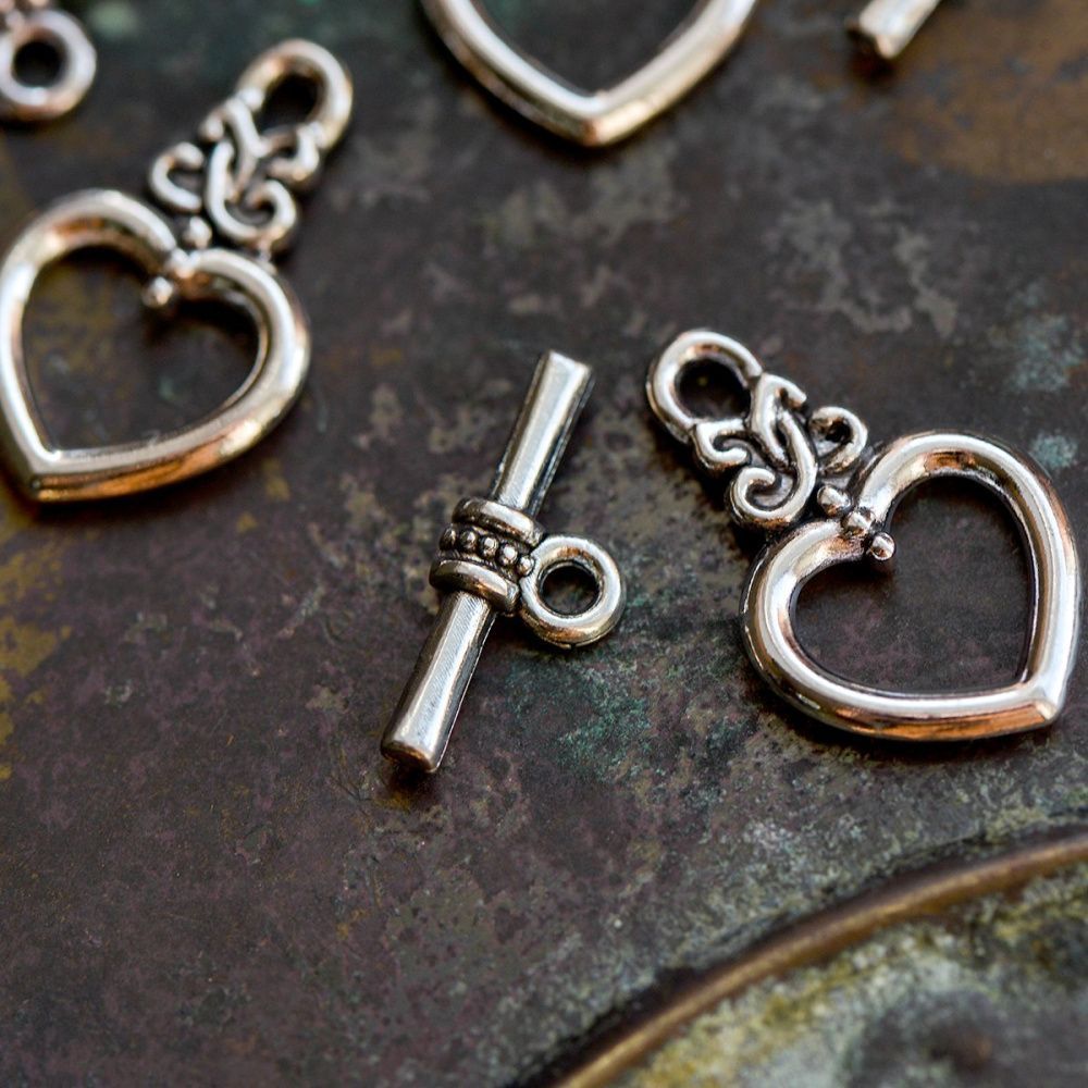 Замочки тоггл "сердечко", цвет античное серебро, 21х13 мм