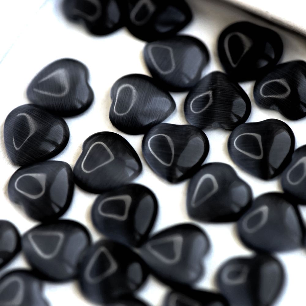 кабошон "кошачий глаз"  сердечко, стекло, цвет графитовый, 10x10x2.5 мм