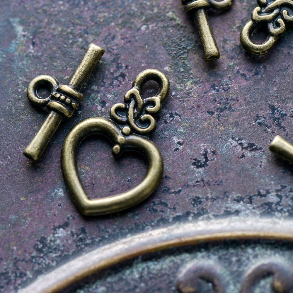 Замочки тоггл "сердечко", цвет античная бронза, 21х13 мм