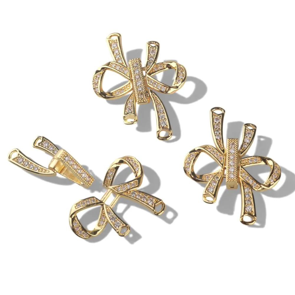 замок для украшений "бант", позолота/циркон, 27x25x5 мм