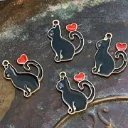 Подвеска металлическая "Love-Кот", эмаль, цвет черный/красный,  25x20x1.5 мм