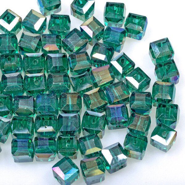 бусина, стекло "куб" 7, цвет бирюзовый радужный, 7х7 мм