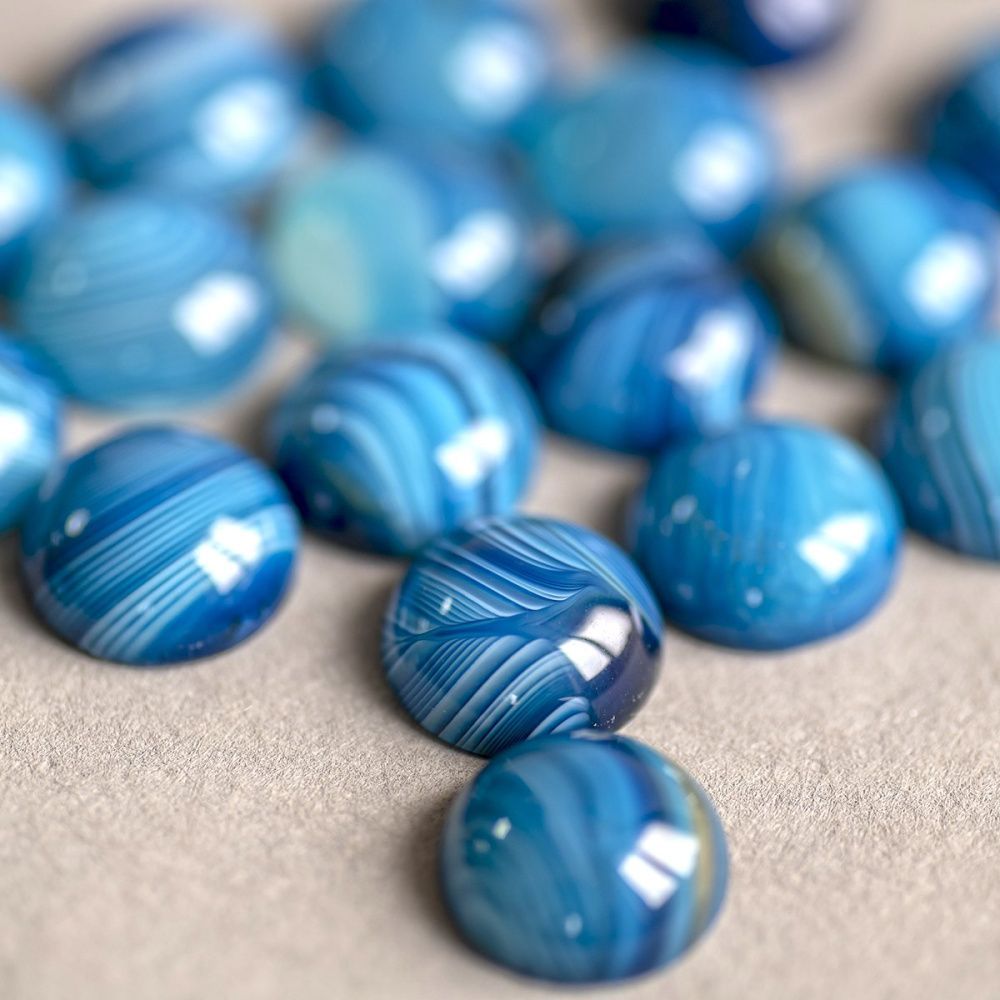 кабошон агат круглый, цвет голубой яркий, 16x6 мм