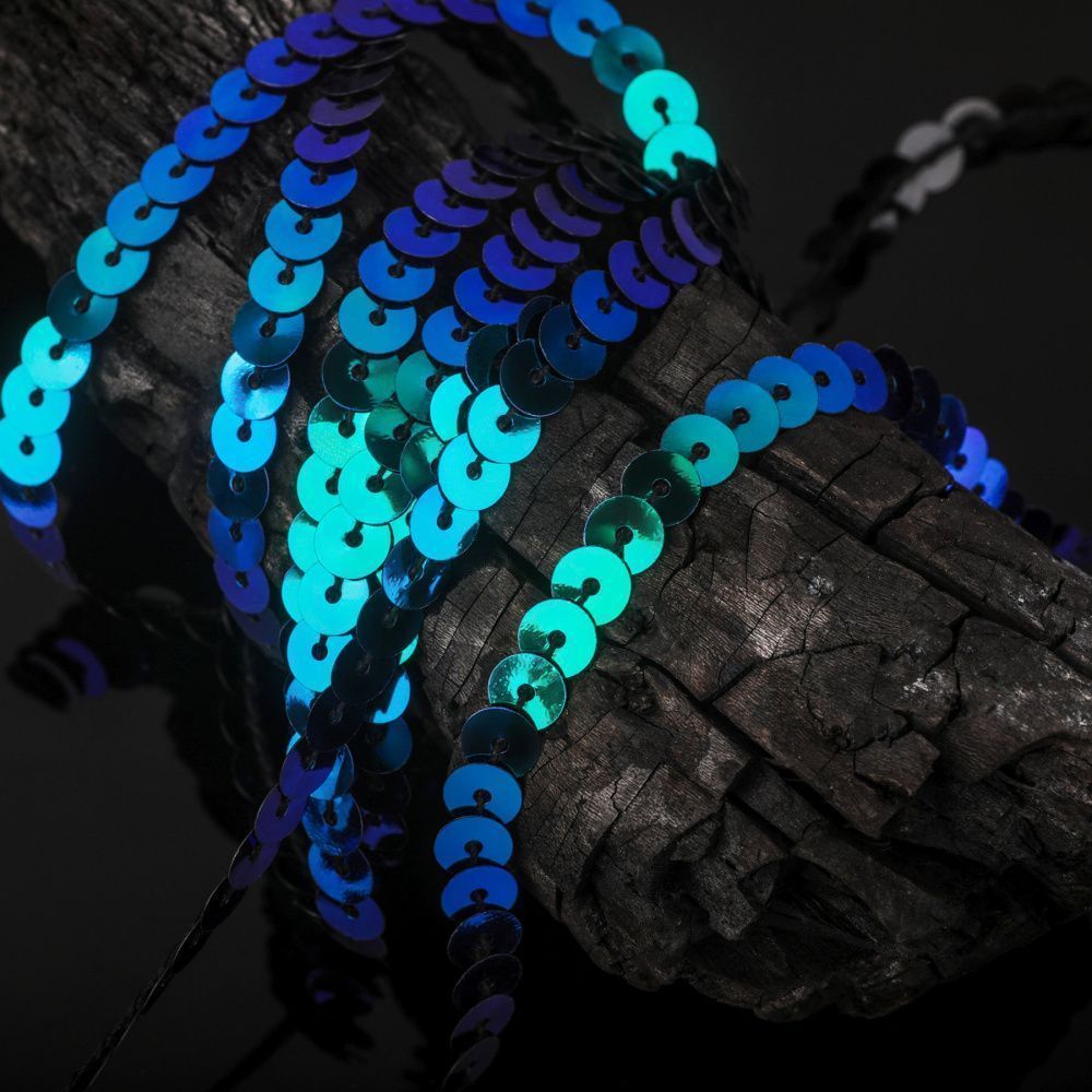 пайетки на нити, цвет синий радужный, диаметр 6 мм