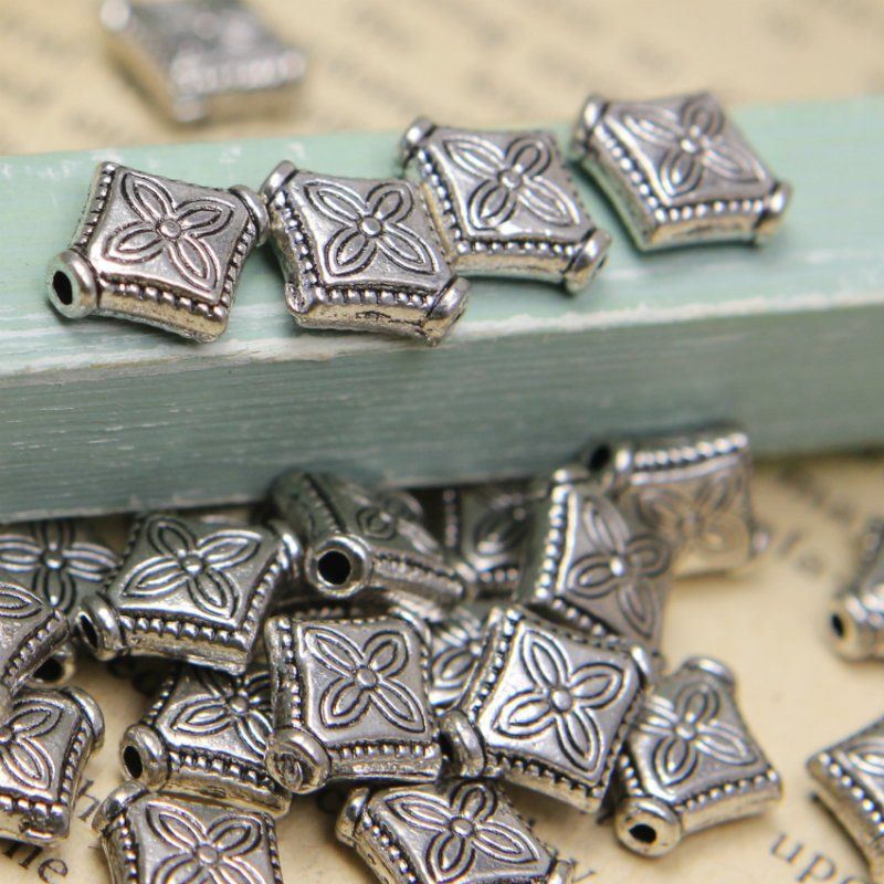 бусина, металл "ромб", цвет античное серебро, 10х9x3 мм