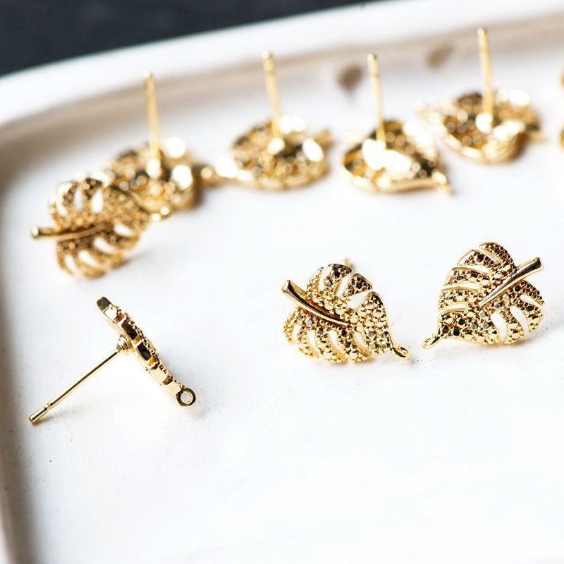 пуссеты "монстера", позолоченные, 14.5x10.5 мм