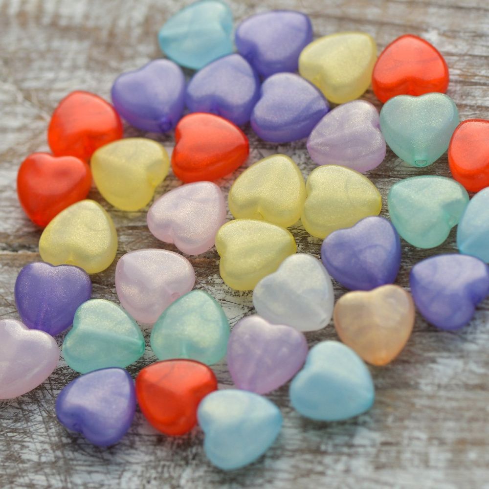 бусина, акрил "сердечко", цветовой микс с глиттером, 14x14x7 мм