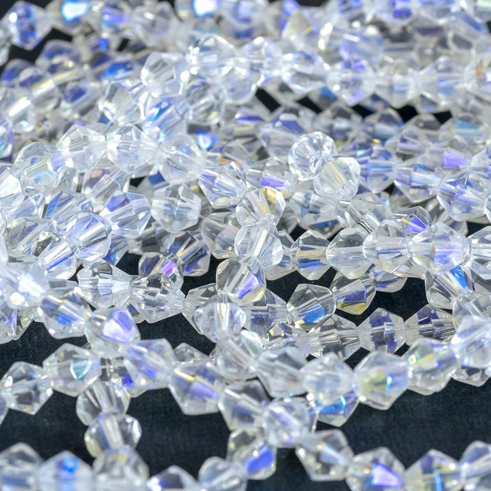 бусина, стекло биконус 6, цвет прозрачный радужный, 6 мм