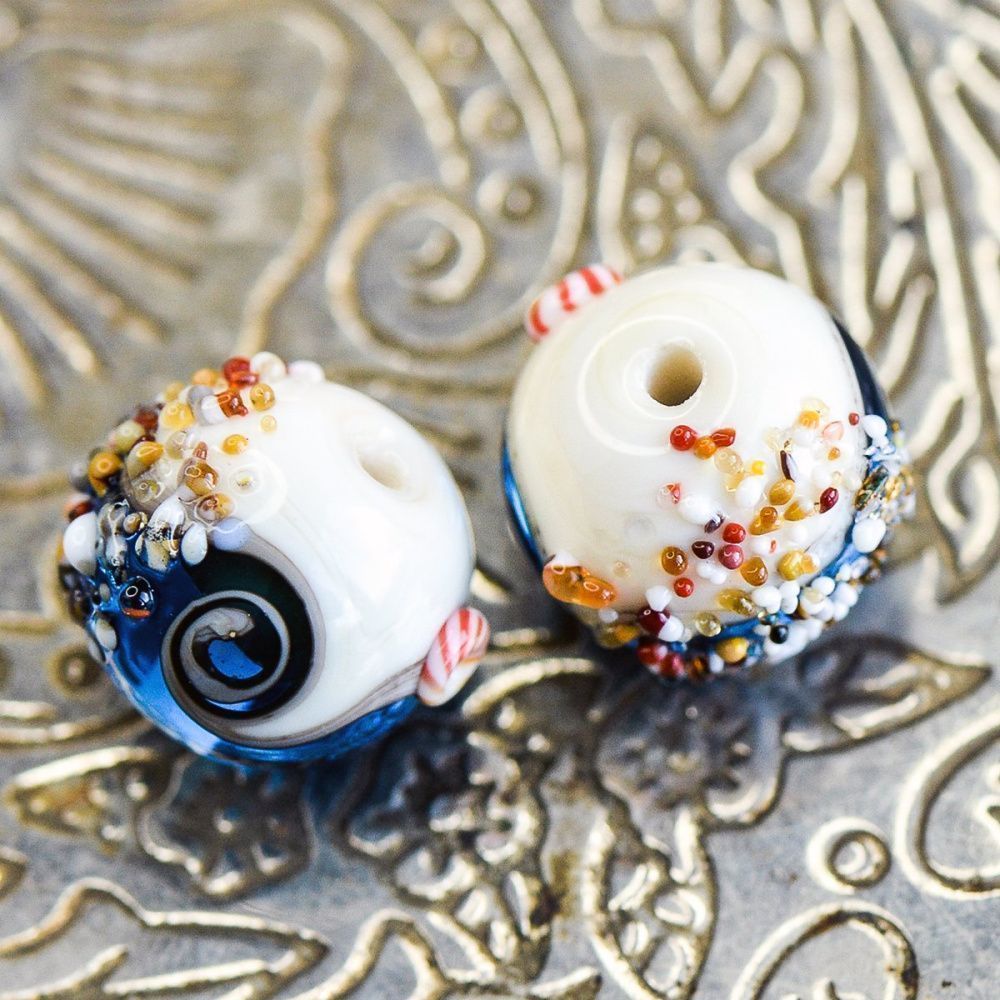 бусина, мурано "пляж синий", круглая,13x11 мм