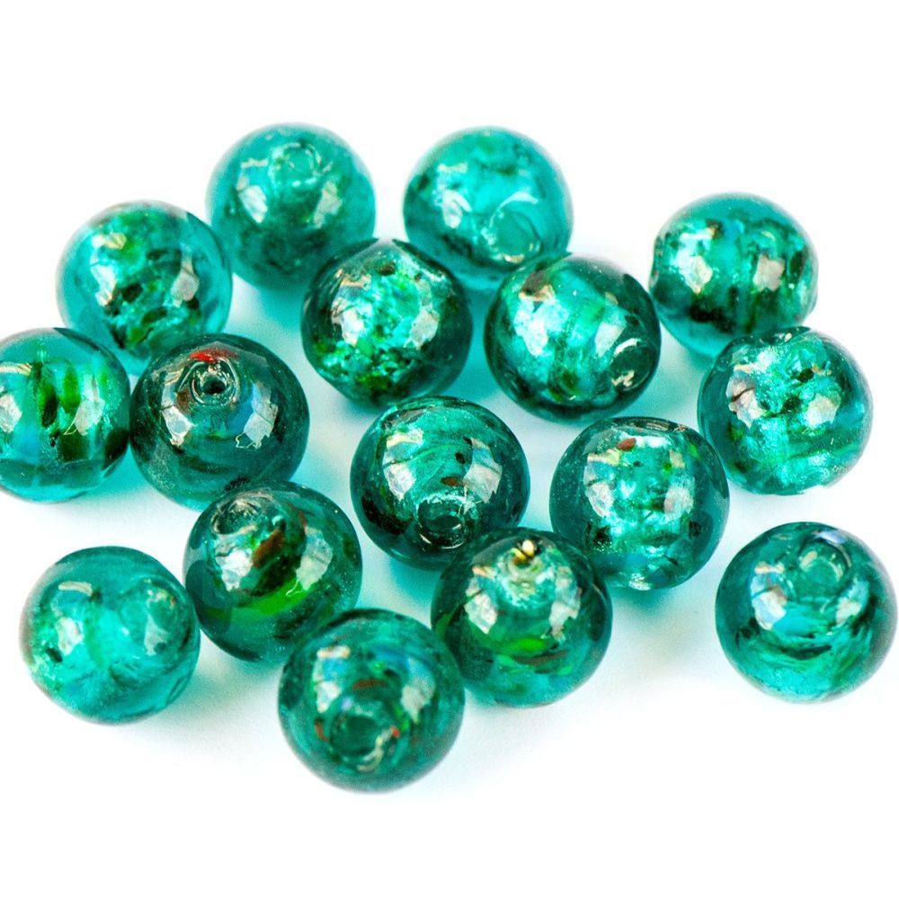 бусина, стекло с фольгой,  цвет бирюзовый, 12 мм