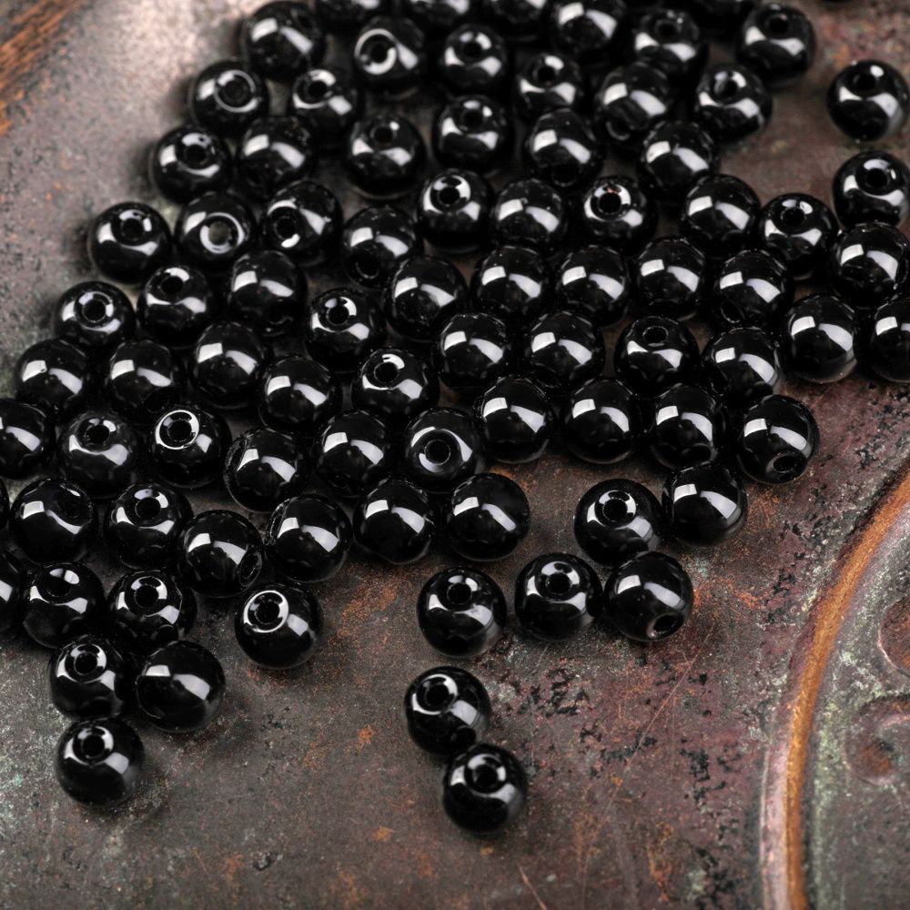 бусина, стекло 6, цвет черный, 6 мм