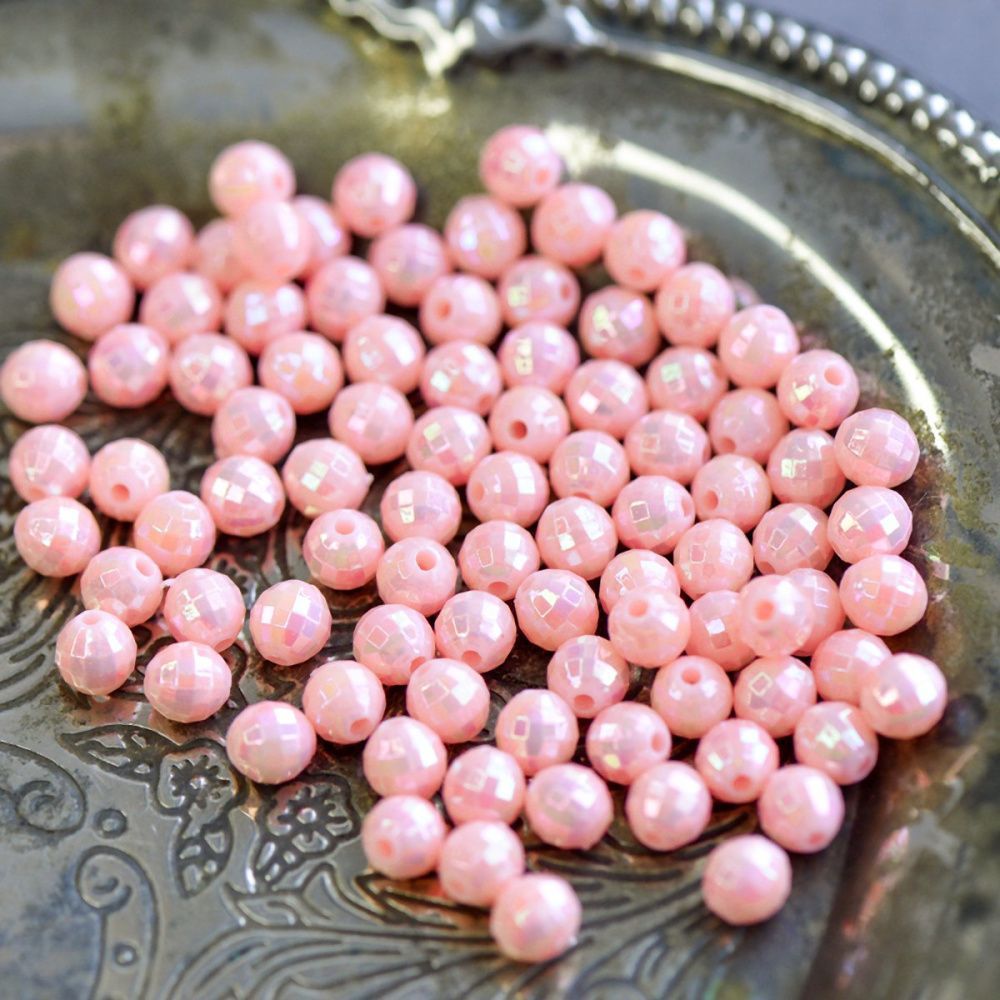 бусина, акрил 6, граненая, розовый перламутровый, 6 мм