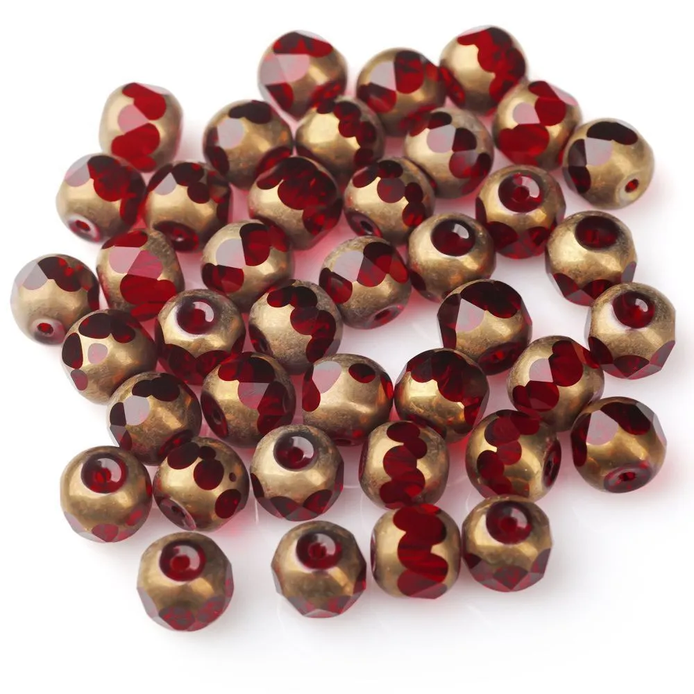 бусина, стекло, граненая, цвет красный/золото, 8 мм