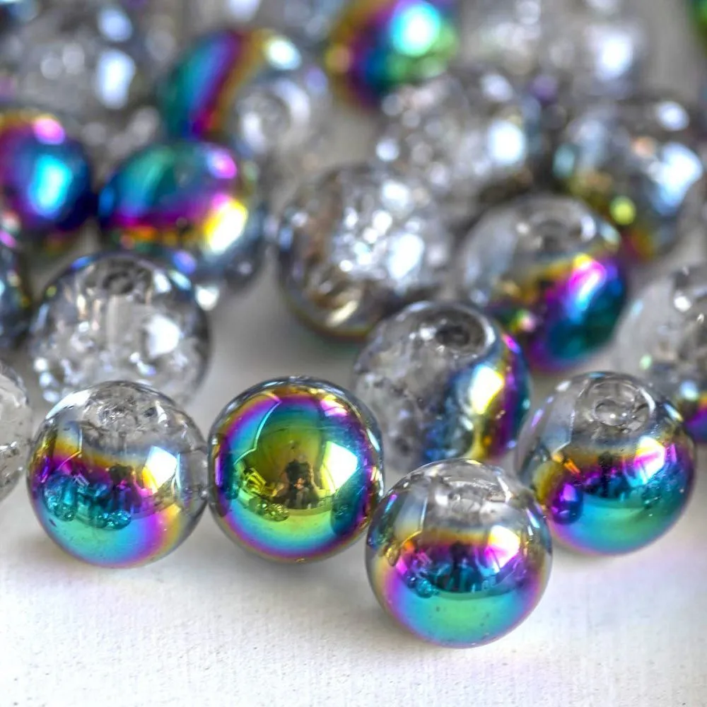 бусина, стекло "кракле", цвет прозрачный/бензиновый, 8 мм