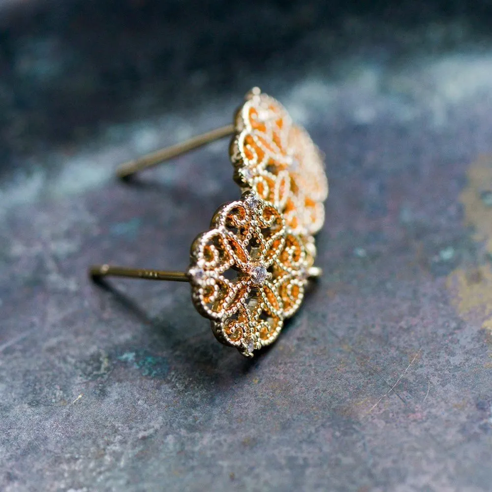 пуссеты "виньет", с цирконием, позолоченные, 13x12 мм 