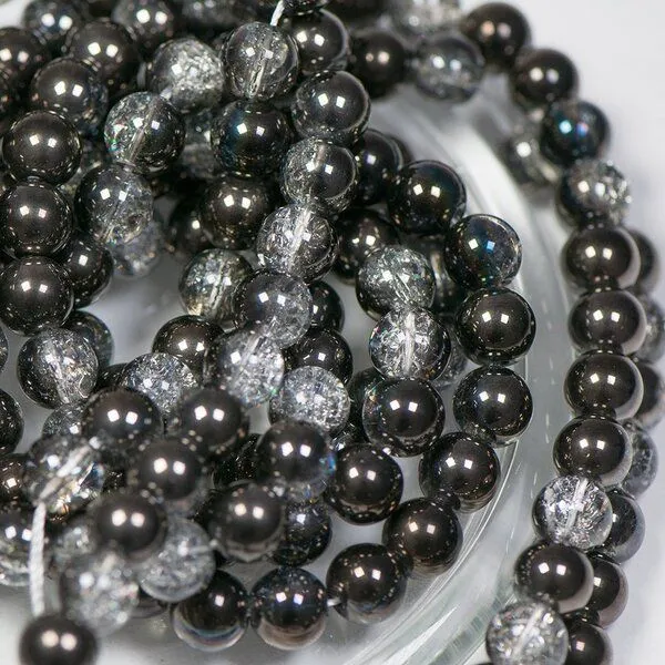 бусина, стекло "кракле", цвет прозрачный/гематитовый, 8 мм