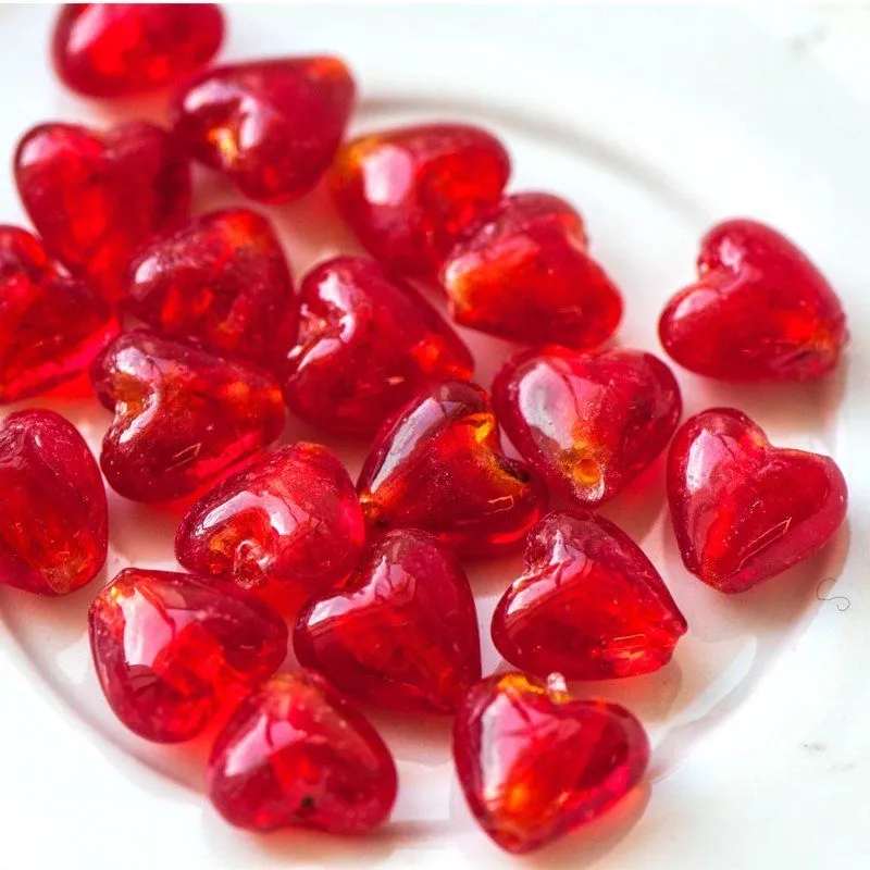 бусина, стекло с фольгой, "сердечко", цвет красный, 12х12х8 мм