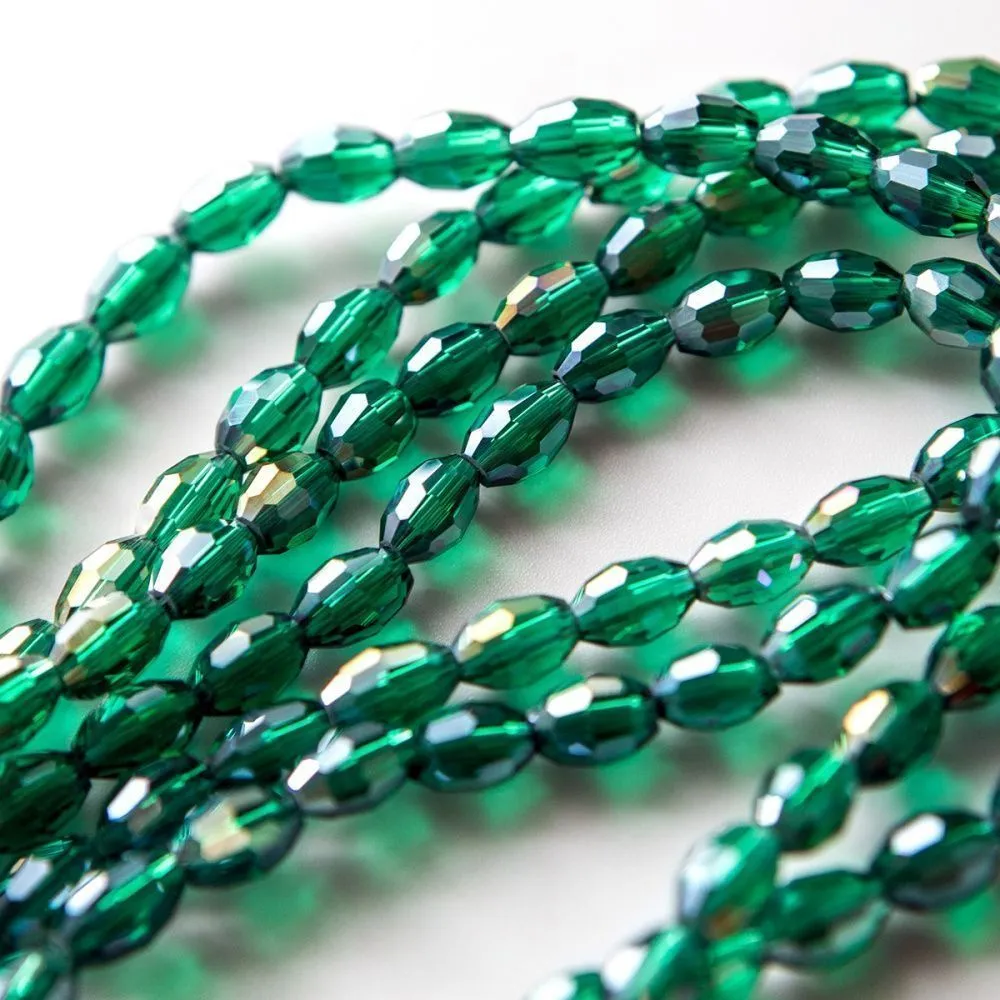 бусина, стекло овальная, граненая, цвет изумрудный ав, 8х6 мм