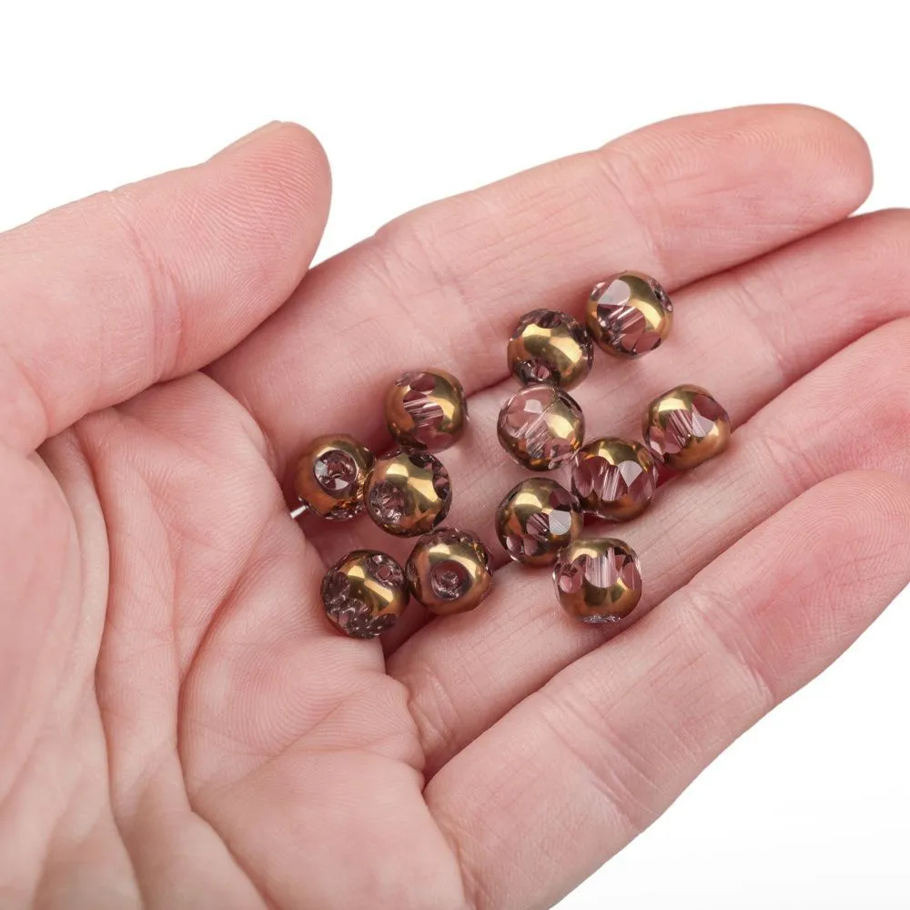 бусина, стекло, граненая, цвет дымчато-розовый/золото, 8 мм