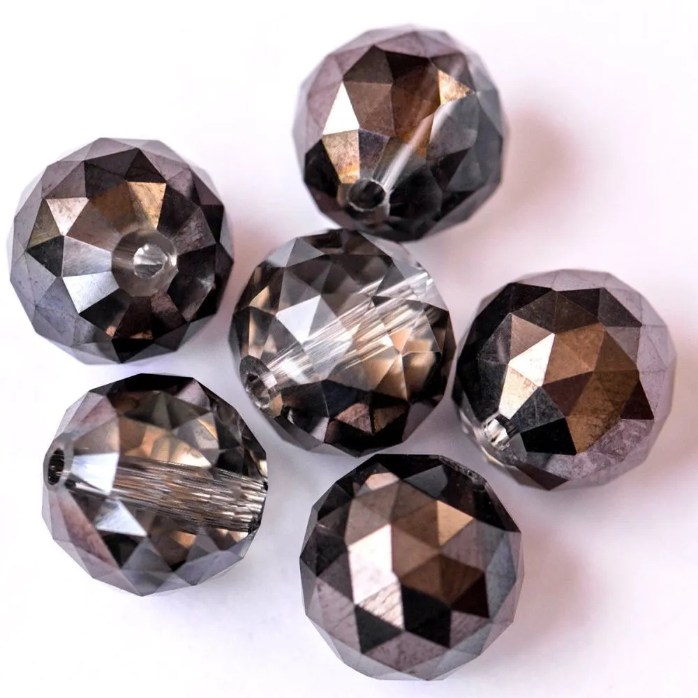 бусина, стекло 14, граненая, цвет прозрачный гематитовый, 14 мм