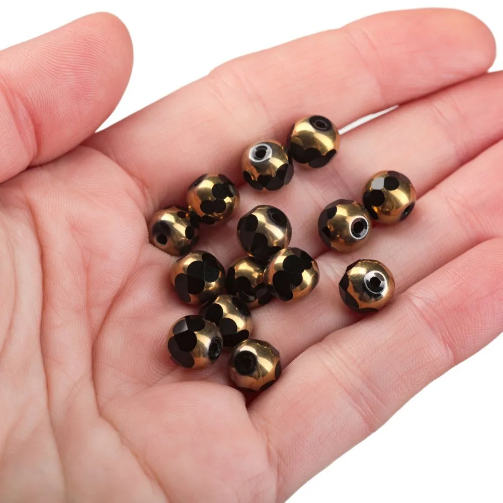 бусина, стекло, граненая, цвет черный/золото, 8 мм