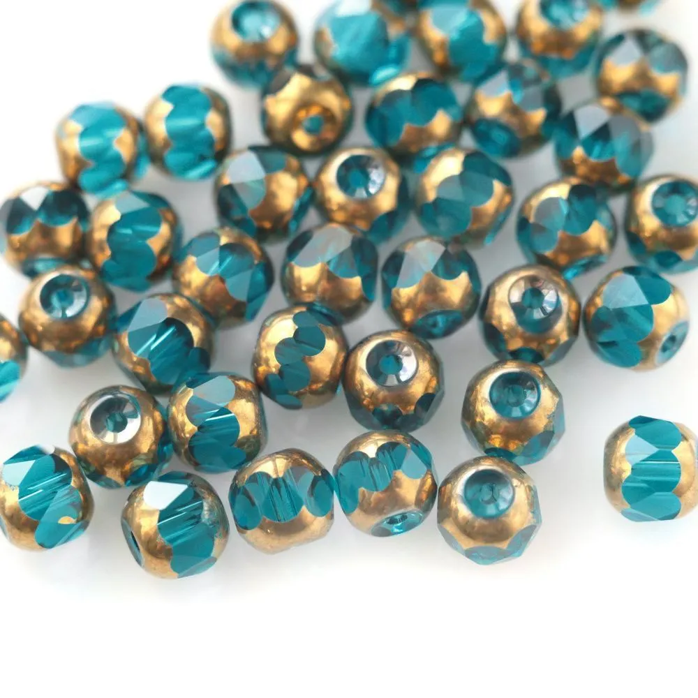 бусина, стекло, граненая, цвет бирюзовый/золото, 8 мм