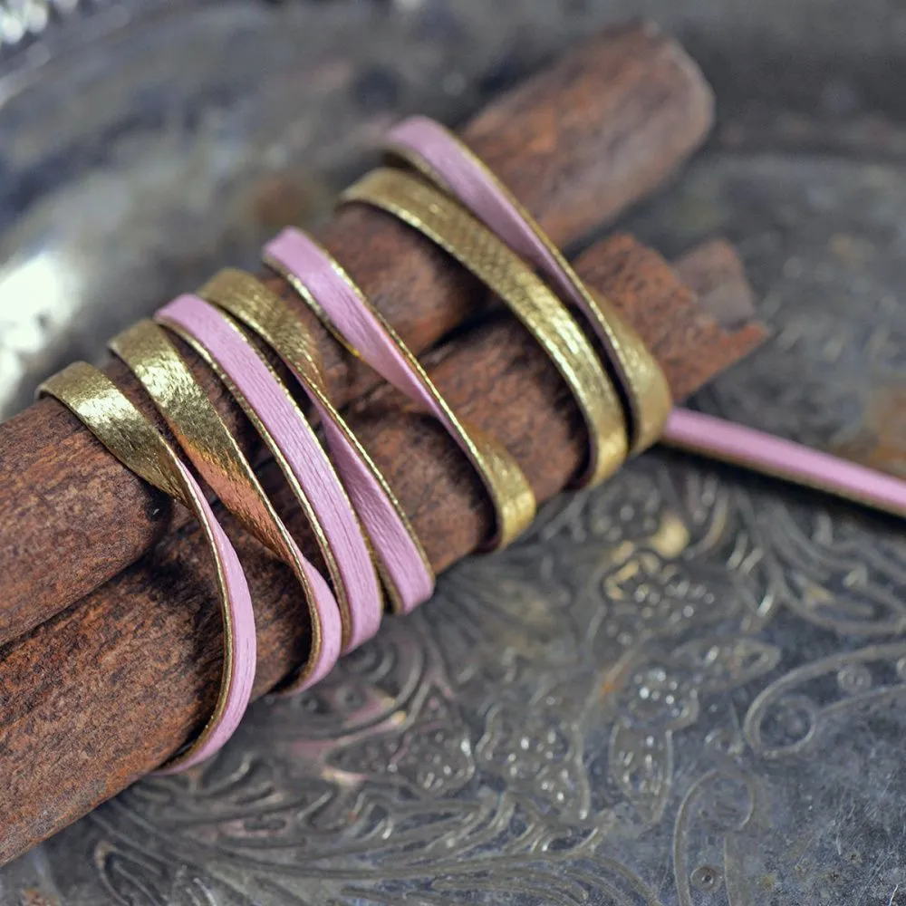 шнур, имитация кожи, плоский, цвет розовый/золото, 3х1 мм