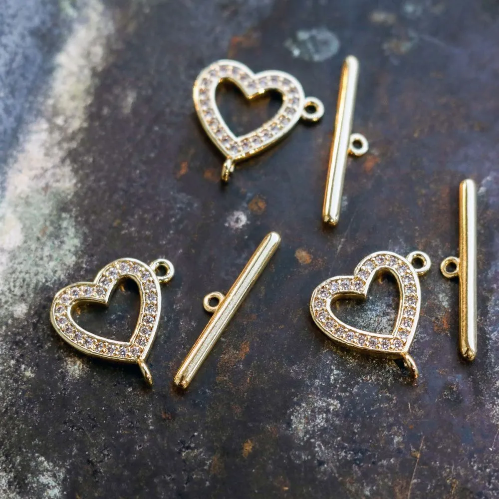 Замочки тоггл "алмазное сердце", цирконий, цвет золото, 14х14х1.5 мм