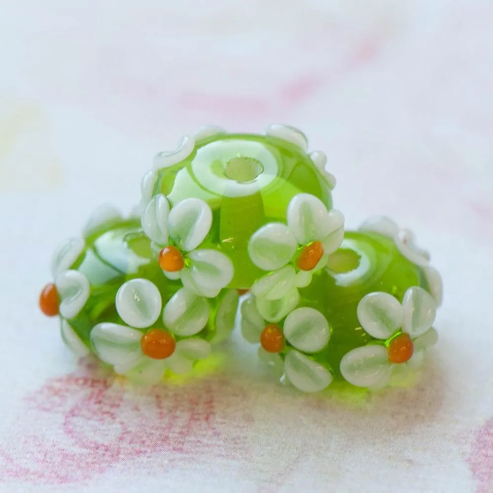 бусина, мурано "ромашка на зеленом", абакус,16х8 мм